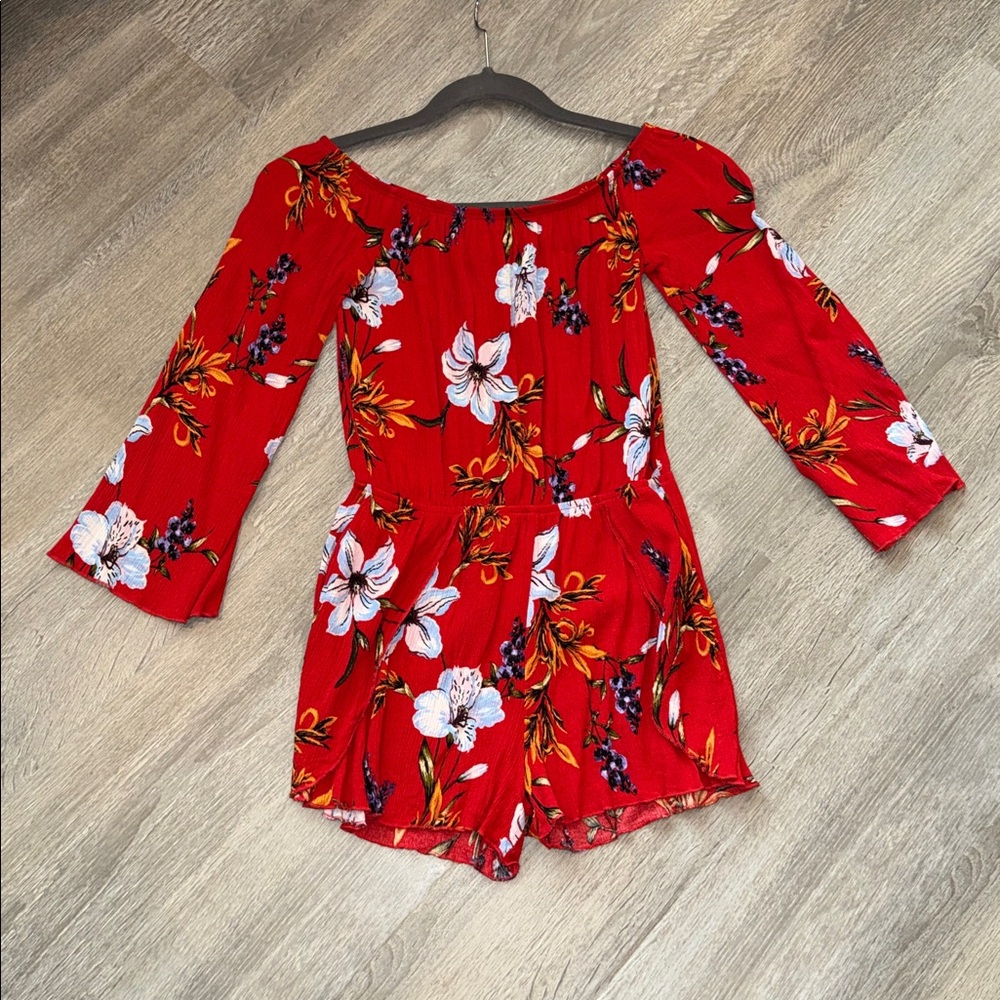 Red tropical floral long sleeve off shoulder shorts flirty romper size small